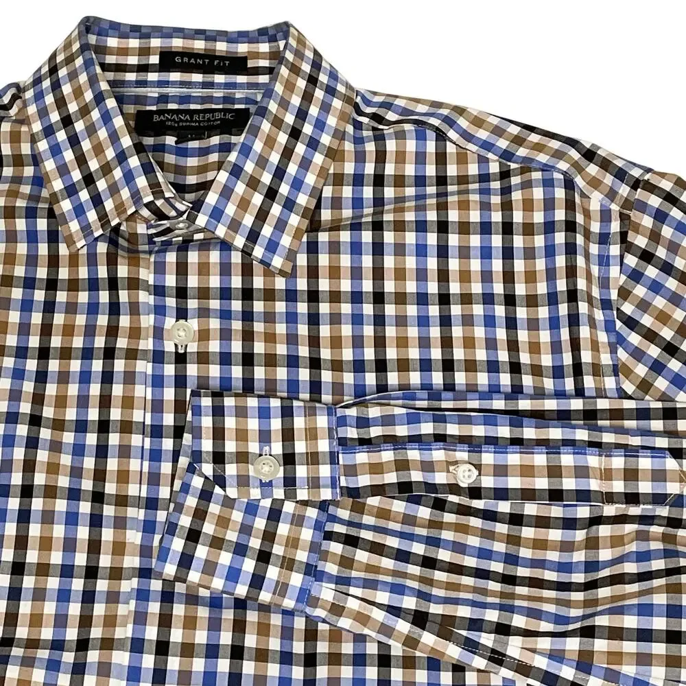 Banana Republic Supima Cotton Sport Shirt Men’s M Blue Brown Plaid